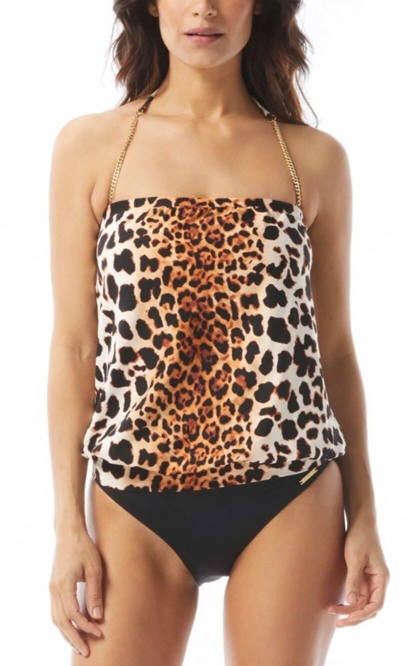 Vince Camuto Jungle Cat Chain Halter Blouson Tankini L NWT